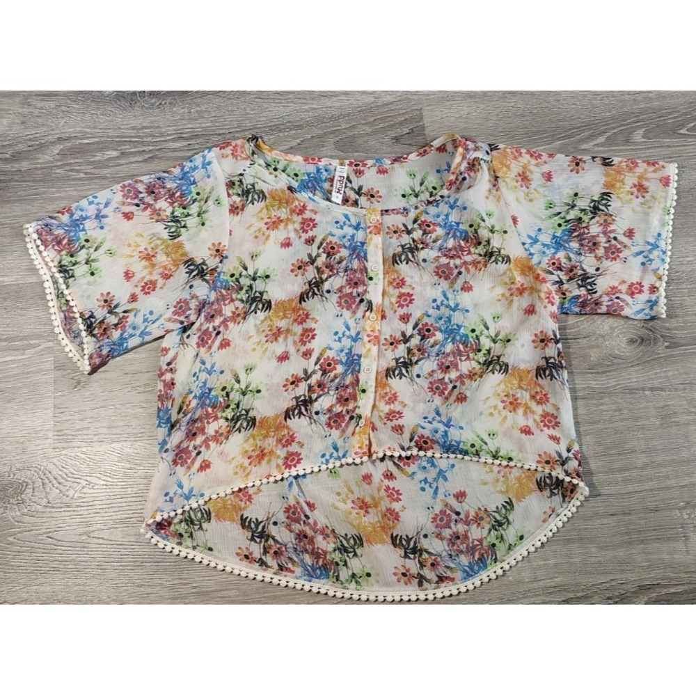 Mudd Women's Small Boho Floral Sheer Button Front Blouse Top Hi-Low Hem Pom Trim